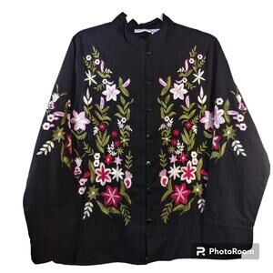 National Black Floral Embroidered Button Front Blouse Top Size M